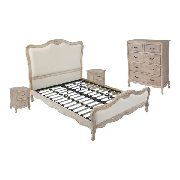 4 Pcs Bedroom Suite Oak Wood Plywood Veneer White Washed Finish in Queen Size - Furniture > Bedroom > Dressers