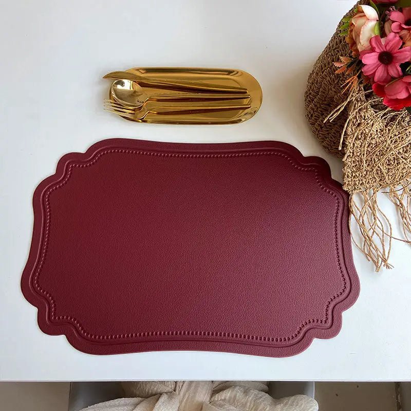 4 pcs Retro Faux Leather Placemat - Waterproof & Oil-Proof Dining Table Mat (Wine red) - Home & Garden > Kitchenware >