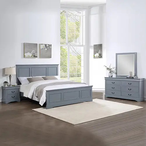 4 Pieces Bedroom Suite in Solid Wood & MDF King Size Grey Colour Bed Bedside Table & Dresser - Furniture > Bedroom >