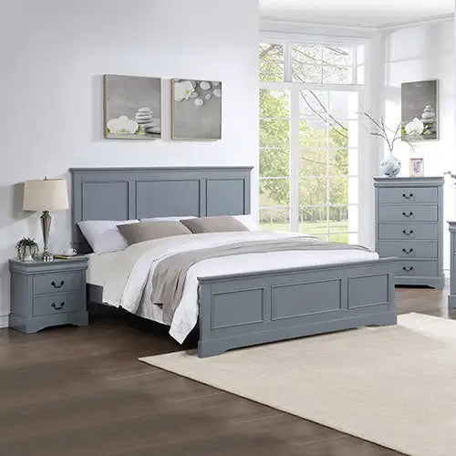 4 Pieces Bedroom Suite in Solid Wood & MDF Queen Size Grey Colour Bed Bedside Table & Tallboy - Furniture > Bedroom >