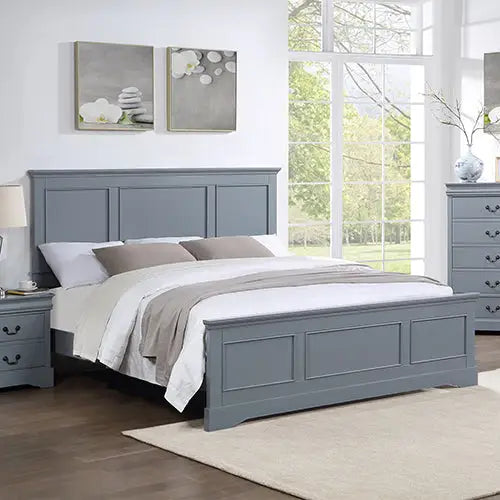 4 Pieces Bedroom Suite in Solid Wood & MDF Queen Size Grey Colour Bed Bedside Table & Dresser - Furniture > Bedroom >