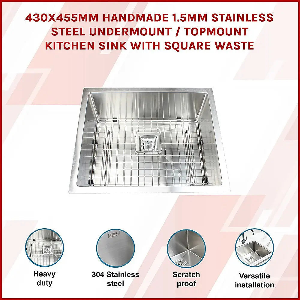 430x455mm Handmade 1.5mm Stainless Steel Undermount / Topmount Kitchen Sink with Square Waste - Furniture > Bathroom >