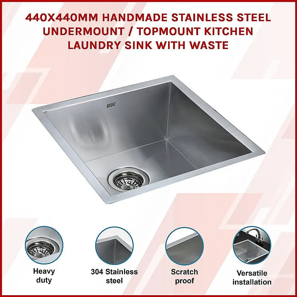 440x440mm Handmade Stainless Steel Undermount / Topmount Kitchen Laundry Sink with Waste - Furniture > Bathroom > Sinks
