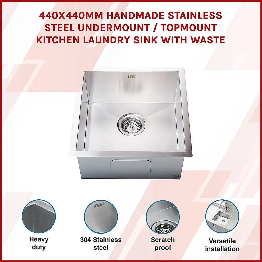 440x440mm Handmade Stainless Steel Undermount / Topmount Kitchen Laundry Sink with Waste - Furniture > Bathroom > Sinks