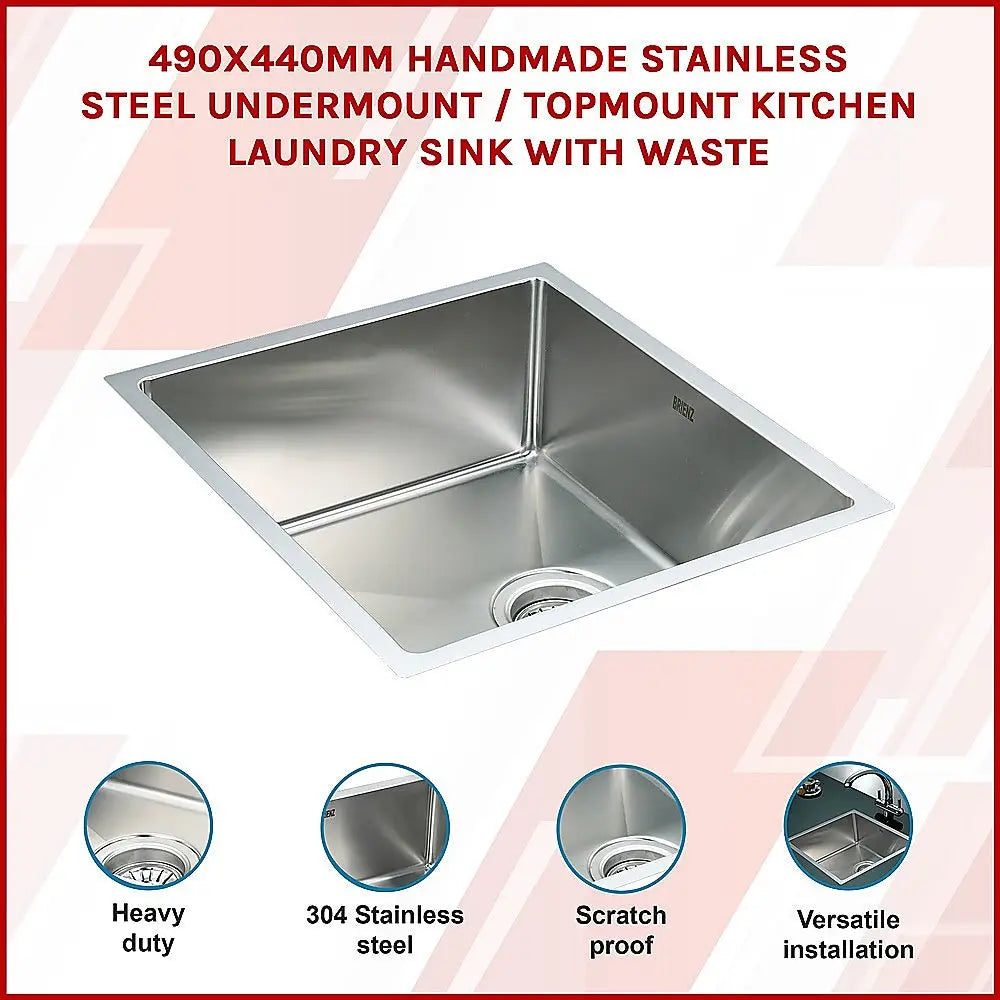 490x440mm Handmade Stainless Steel Undermount / Topmount Kitchen Laundry Sink with Waste - Furniture > Bathroom > Sinks