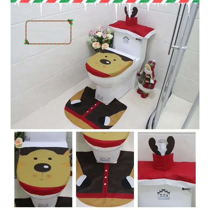 4pcs Christmas Toilet Seat Cover Rug Bathroom Set Santa Snowman Xmas Home Décor Reindeer - Occasions > Christmas >