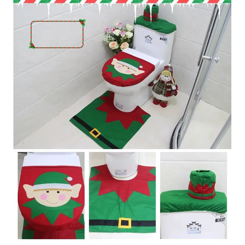 4pcs Christmas Toilet Seat Cover Rug Bathroom Set Santa Snowman Xmas Home Décor Elf - Occasions > Christmas >