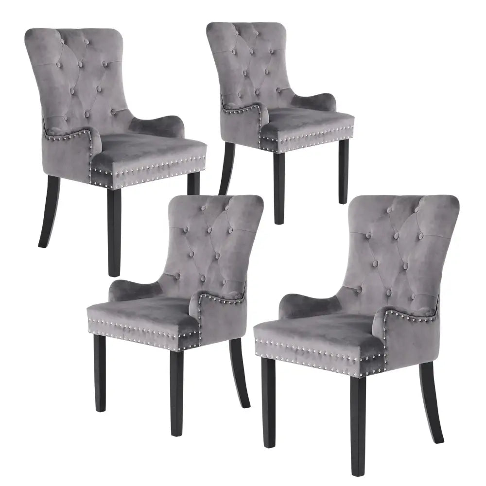 4X French Provincial Dining Chair Ring Studded Velvet Rubberwood Leg LISSE GREY - Furniture > Bedroom > Bedside Tables