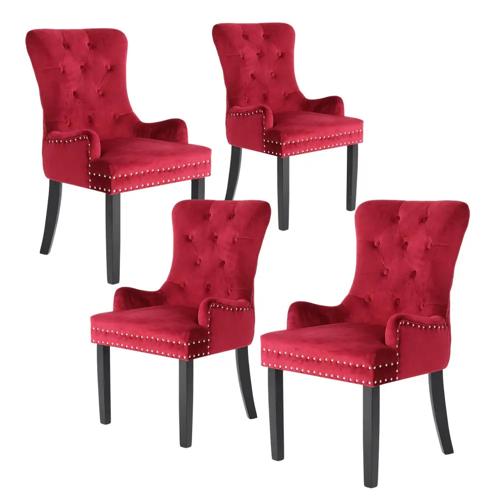 4X French Provincial Dining Chair Ring Studded Velvet Rubberwood Leg LISSE BORDEAUX RED - Furniture > Bar Stools &