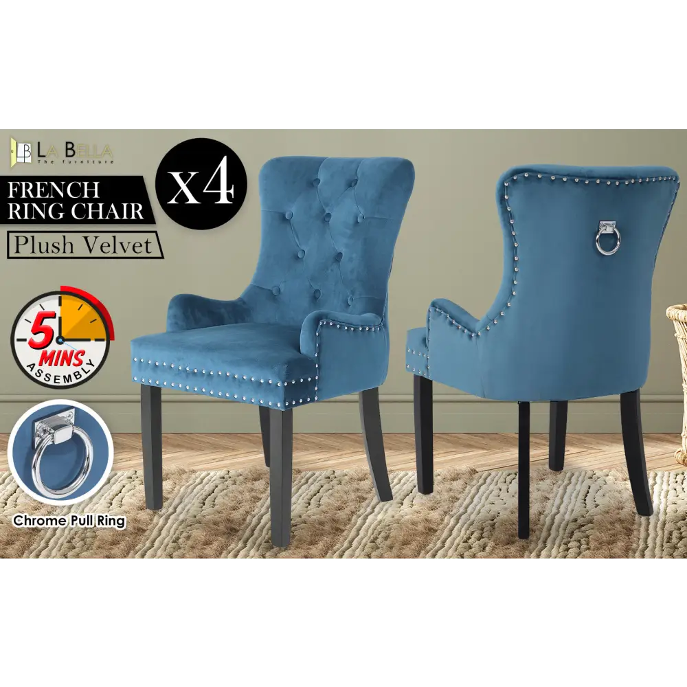 4X French Provincial Dining Chair Ring Studded Velvet Rubberwood Leg LISSE NAVY BLUE - Furniture > Bedroom > Bedside