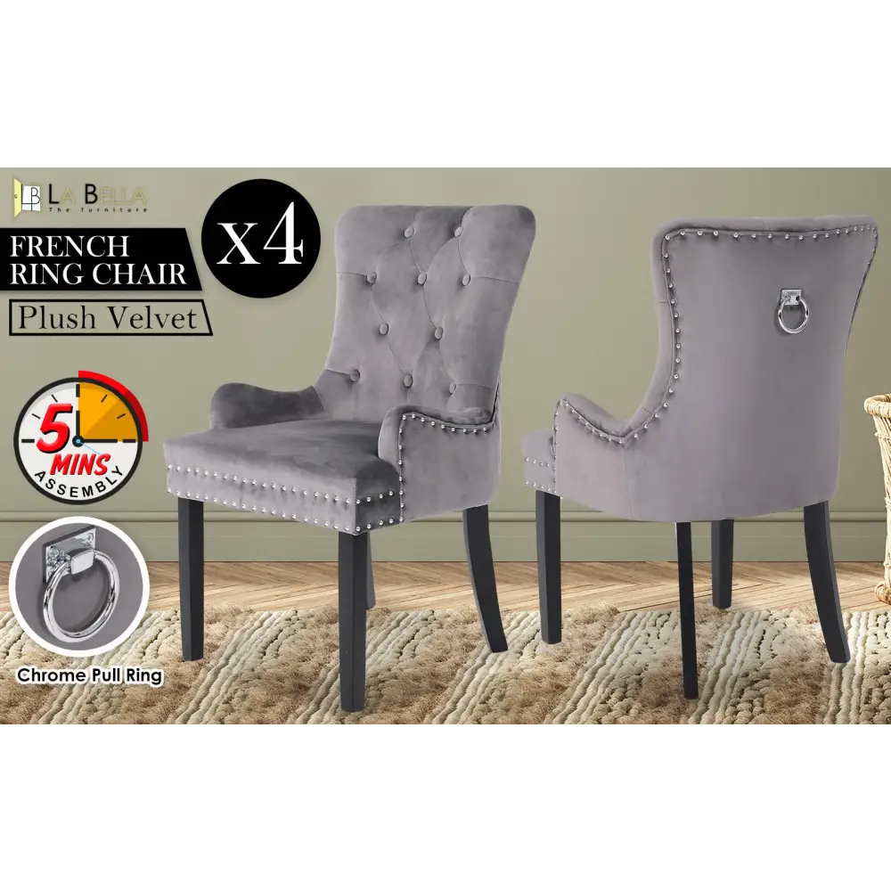 4X French Provincial Dining Chair Ring Studded Velvet Rubberwood Leg LISSE GREY - Furniture > Bedroom > Bedside Tables