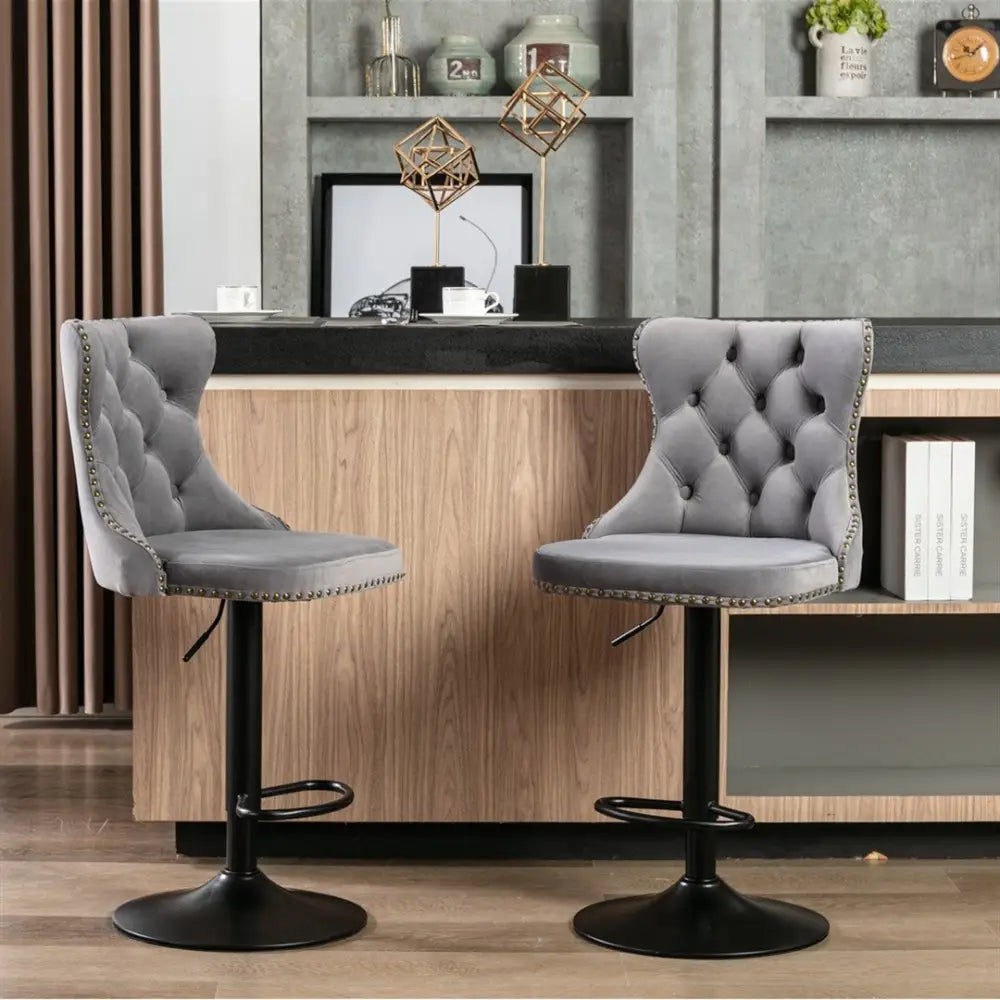 4x Height Adjustable Swivel Bar Stool Velvet Nailhead Barstool with Footrest - Furniture > Bar Stools & Chairs