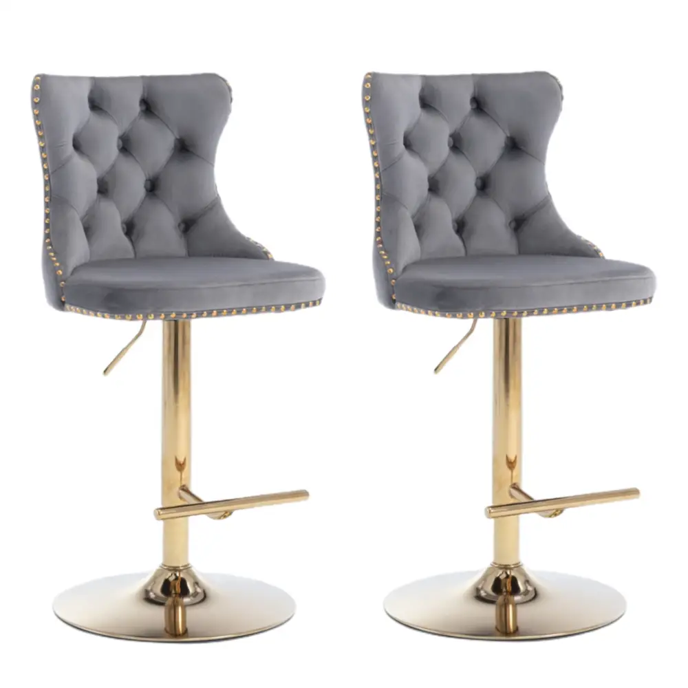 4x Height Adjustable Swivel Bar Stool Velvet Studs Barstool with Footrest and Golden Base- Grey - Furniture > Bar