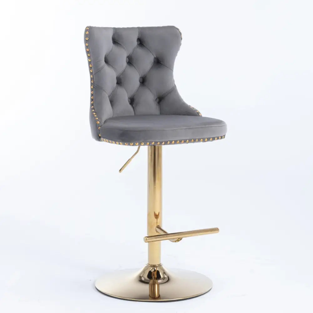 4x Height Adjustable Swivel Bar Stool Velvet Studs Barstool with Footrest and Golden Base- Grey - Furniture > Bar