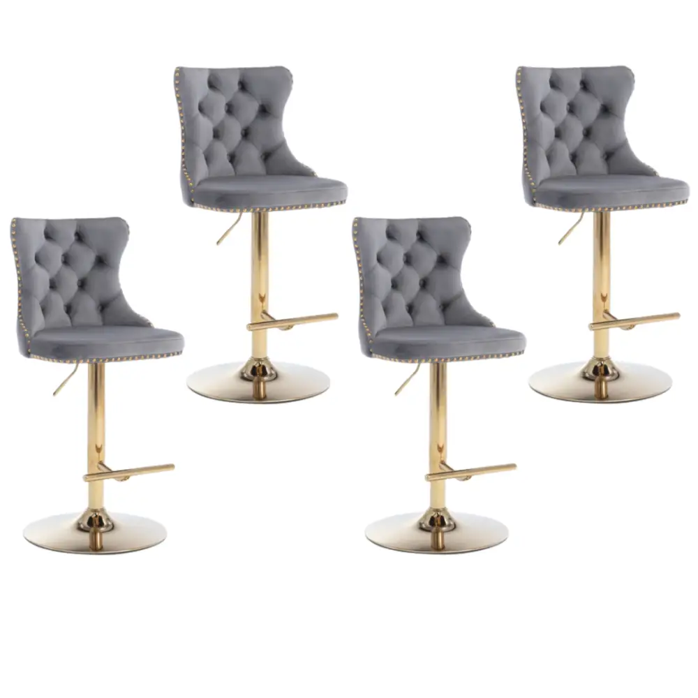 4x Height Adjustable Swivel Bar Stool Velvet Studs Barstool with Footrest and Golden Base- Grey - Furniture > Bar