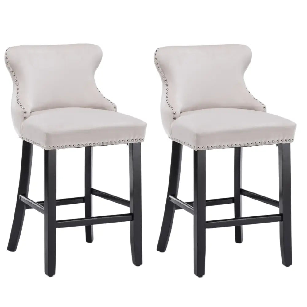 4x Velvet Upholstered Button Tufted Bar Stools with Wood Legs and Studs-Beige - Furniture > Bar Stools & Chairs