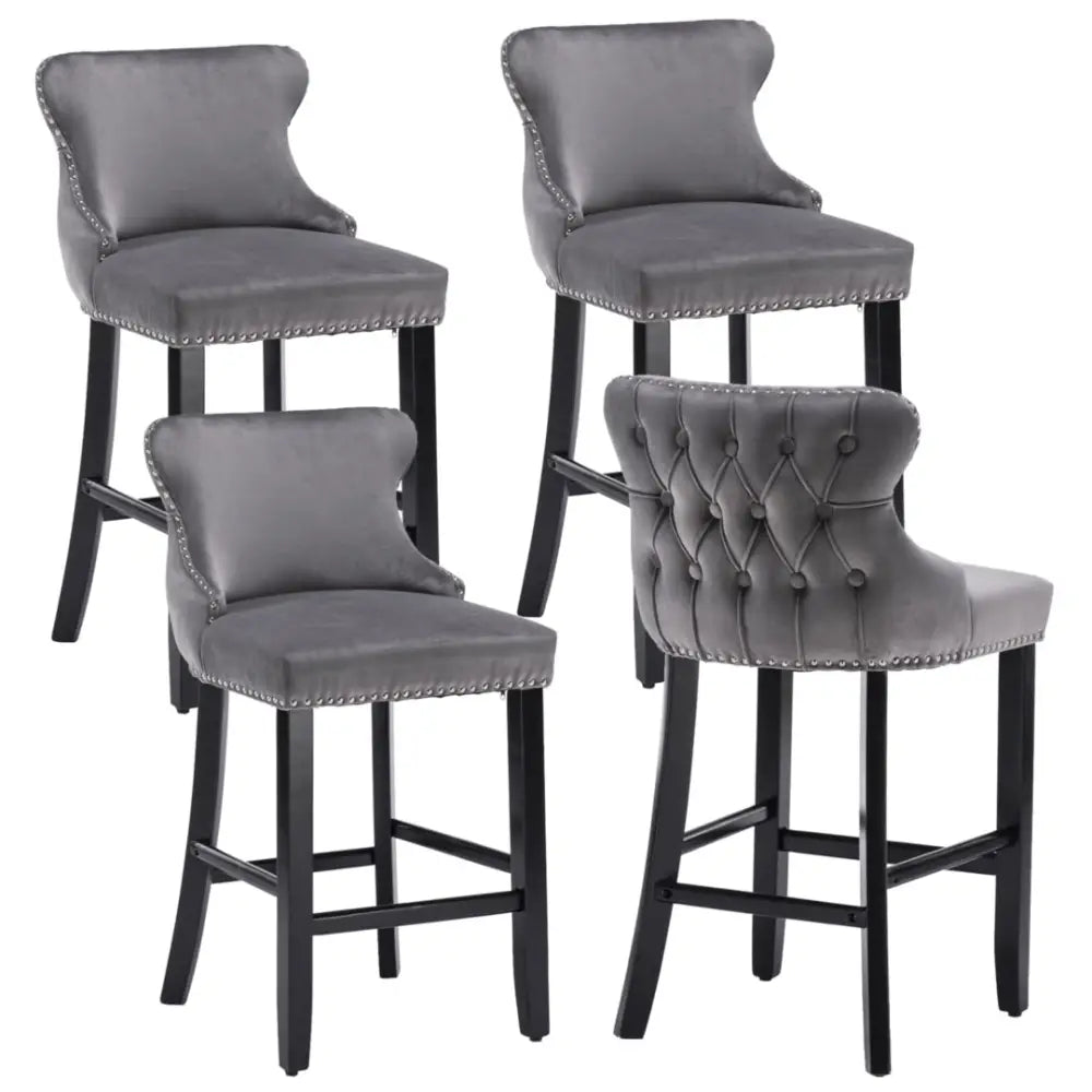 4x Velvet Upholstered Button Tufted Bar Stools with Wood Legs and Studs-Grey - Furniture > Bar Stools & Chairs