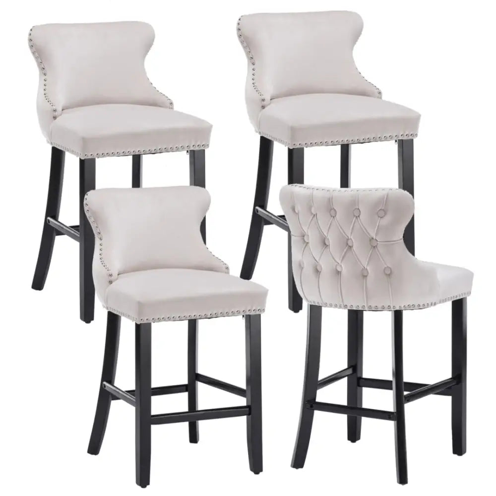 4x Velvet Upholstered Button Tufted Bar Stools with Wood Legs and Studs-Beige - Furniture > Bar Stools & Chairs