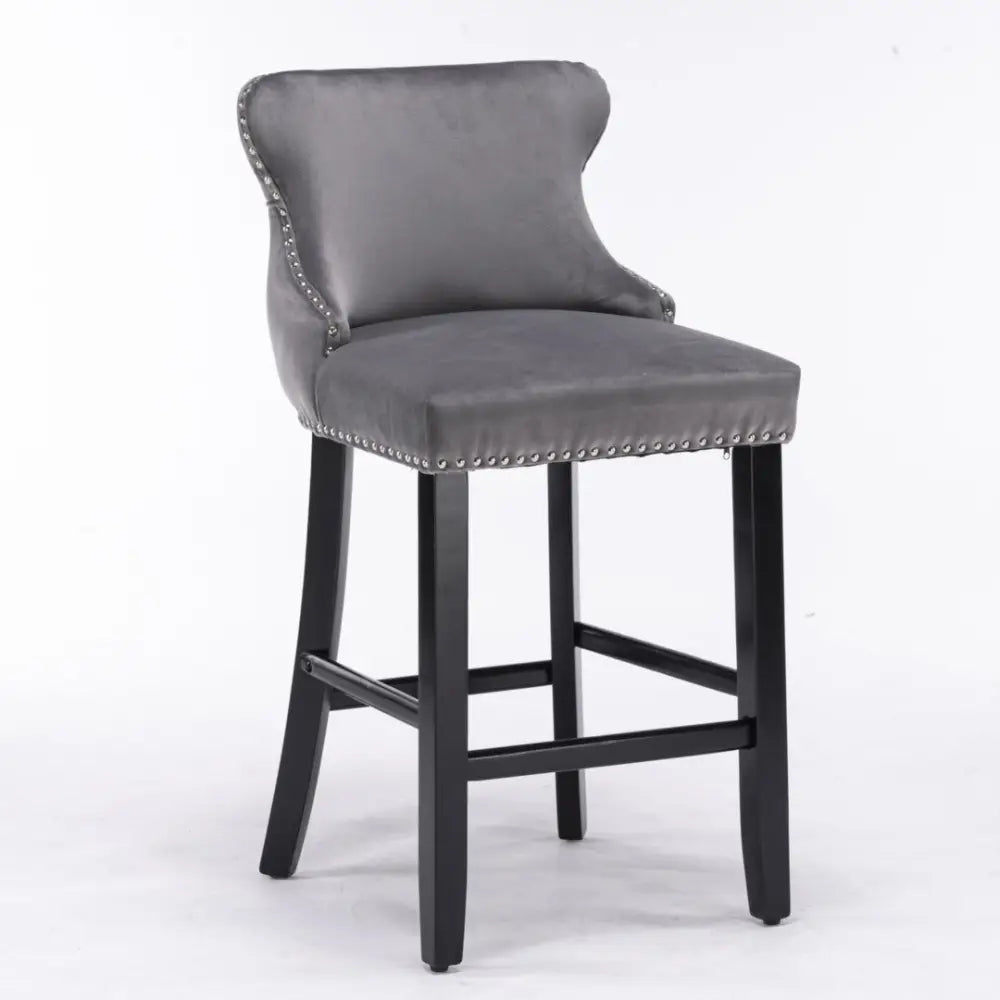 4x Velvet Upholstered Button Tufted Bar Stools with Wood Legs and Studs-Grey - Furniture > Bar Stools & Chairs