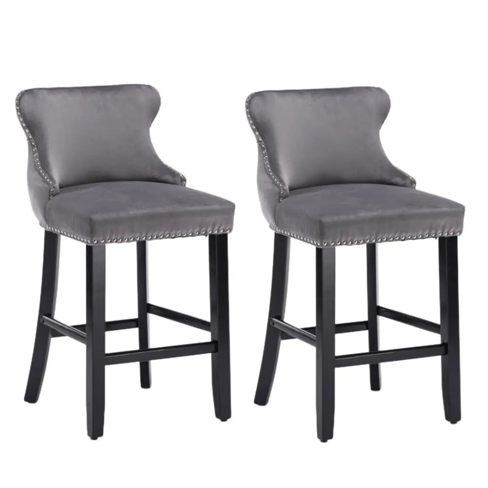 4x Velvet Upholstered Button Tufted Bar Stools with Wood Legs and Studs-Grey - Furniture > Bar Stools & Chairs