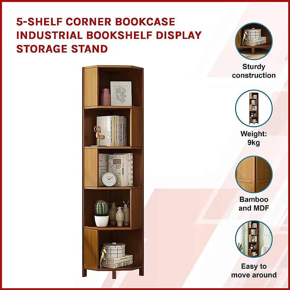 5-Shelf Corner Bookcase Industrial Bookshelf Display Storage Stand - Furniture > Office
