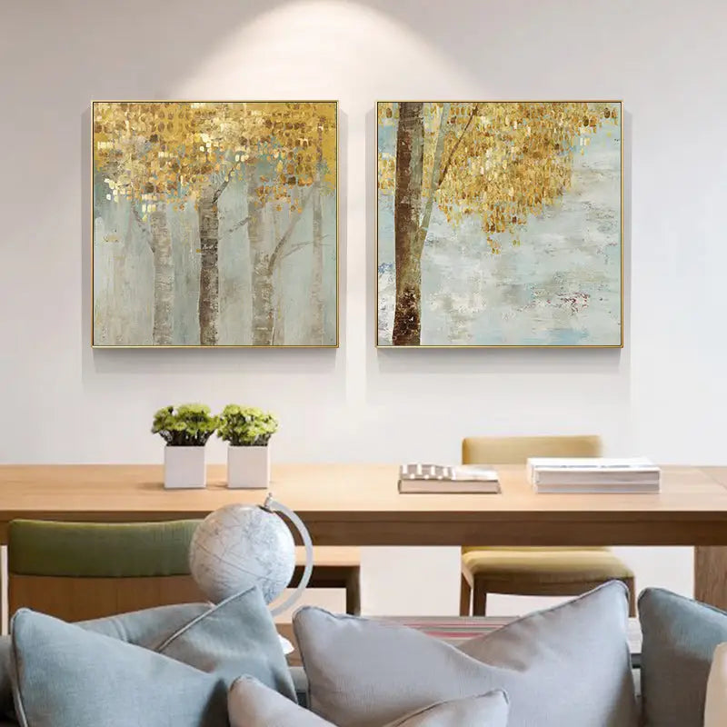 50cmx50cm Golden Leaves 2 Sets Gold Frame Canvas Wall Art - Home & Garden > Wall Art