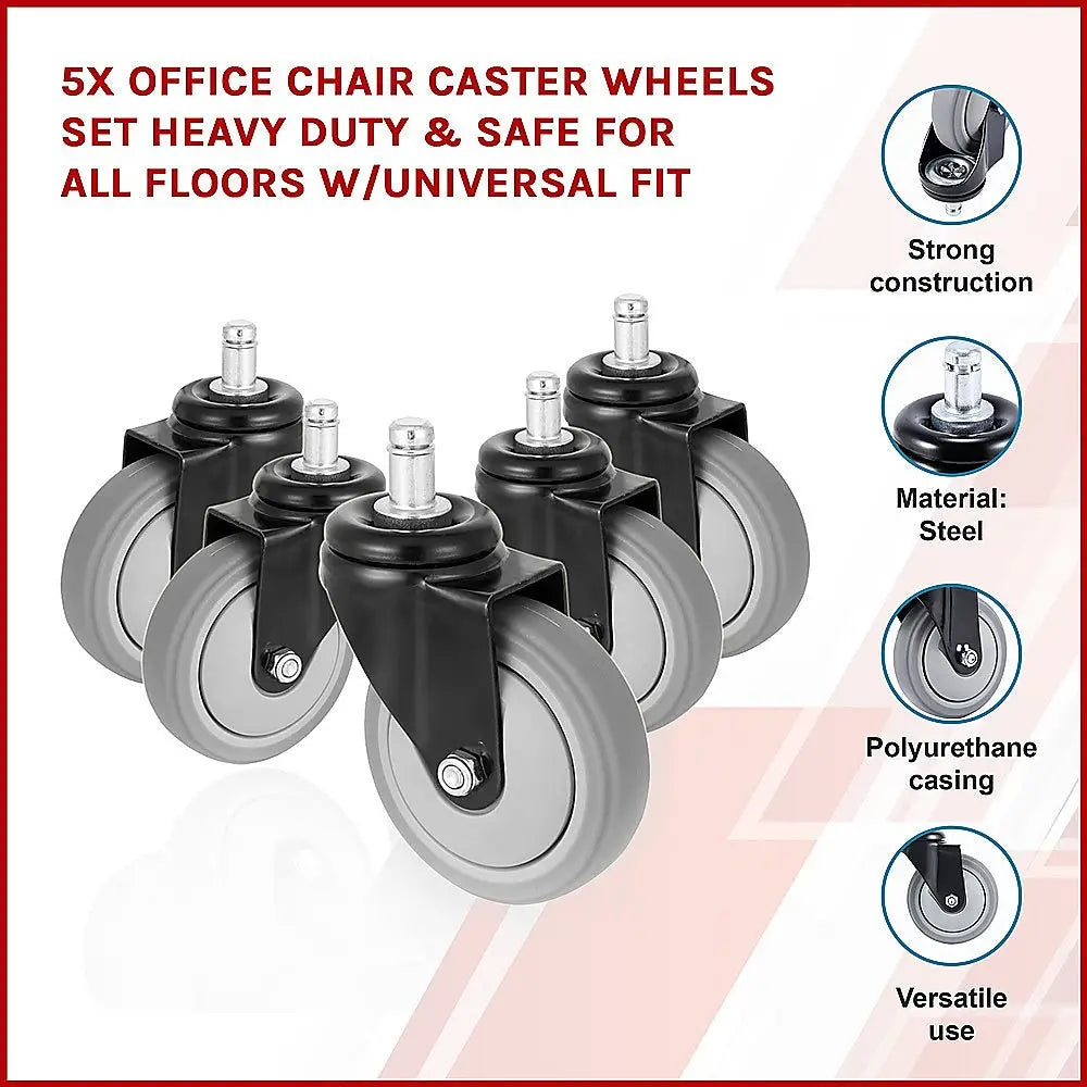 5x Office Chair Caster Wheels Set Heavy Duty & Safe for All Floors w/Universal Fit - Furniture > Office