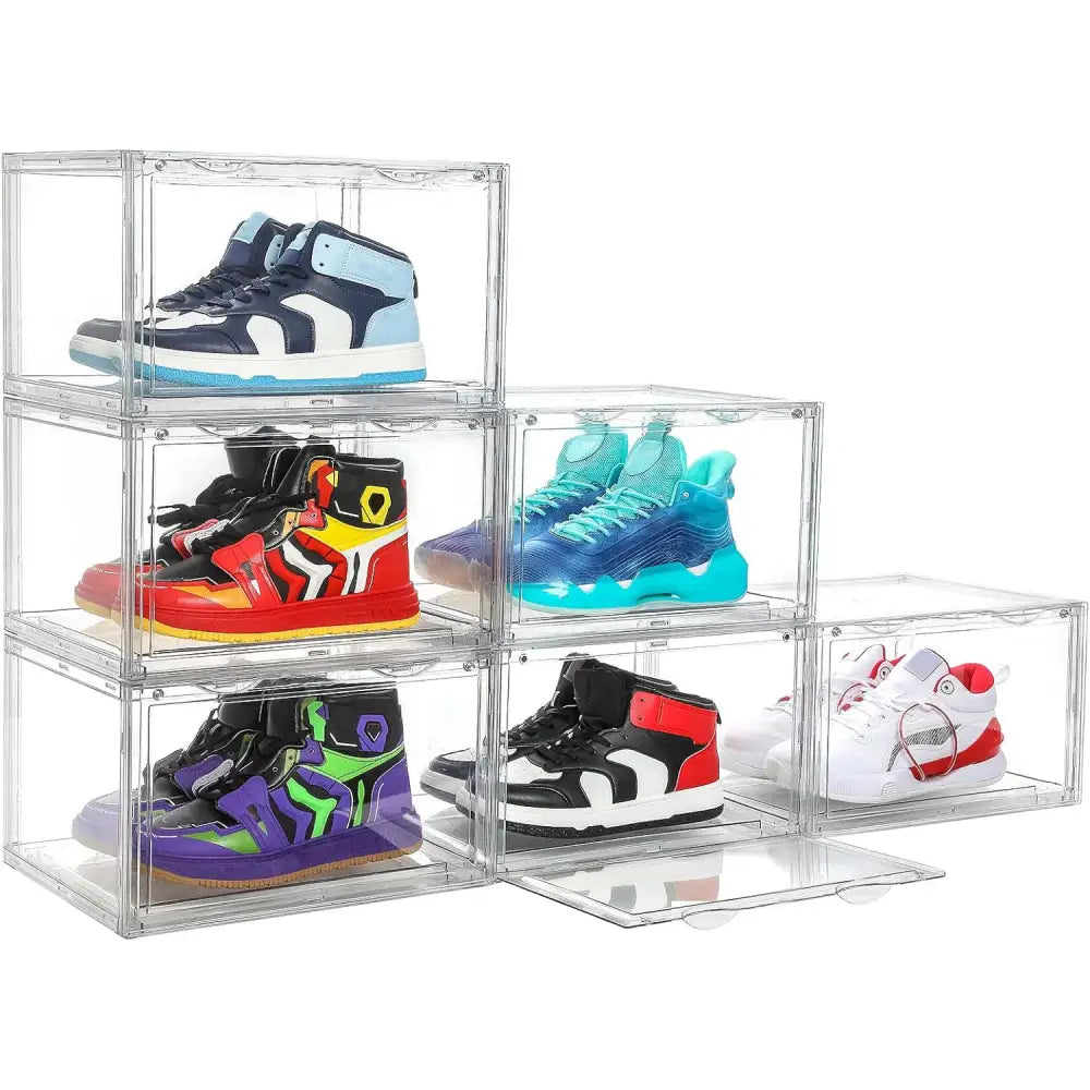 6 Pack Large Acrylic Shoe Box Storage Side Door Open Stackable Boxes Transparent Clear Display Case - Home & Garden >