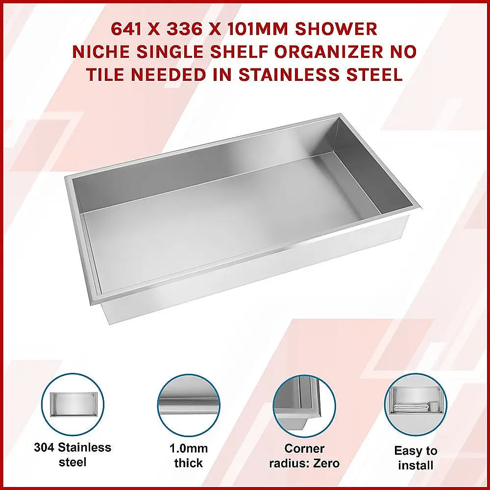 641 x 336 x 101mm Shower Niche Single Shelf Organizer No Tile Needed in Stainless Steel - Home & Garden > DIY > Kitchen