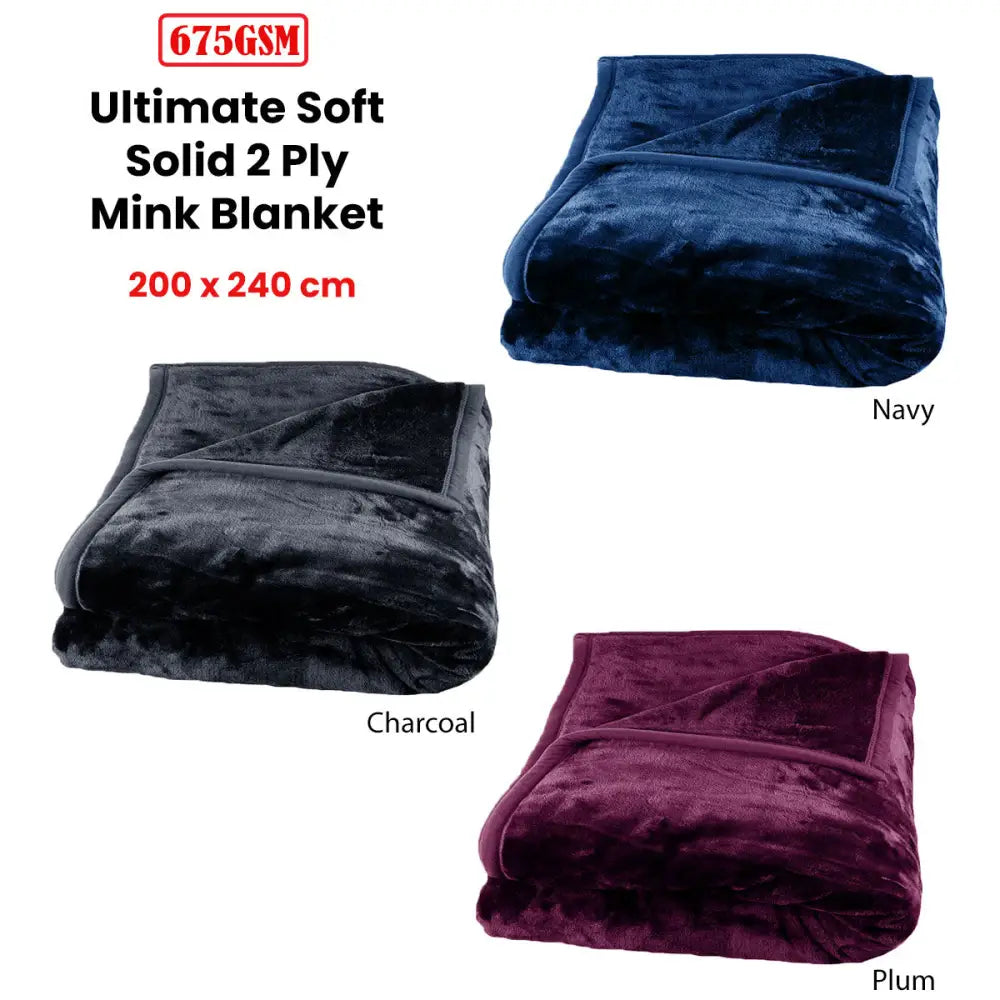 675gsm 2 Ply Solid Faux Mink Blanket Queen 200x240 cm Charcoal - Home & Garden > Bedding