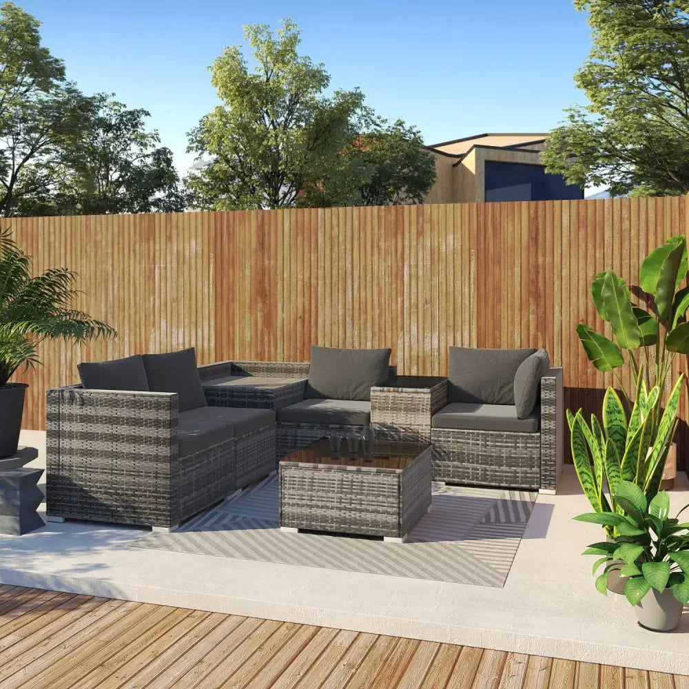 7PC Outdoor Wicker Lounge with Storage Corner (Grey) - Furniture > Outdoor