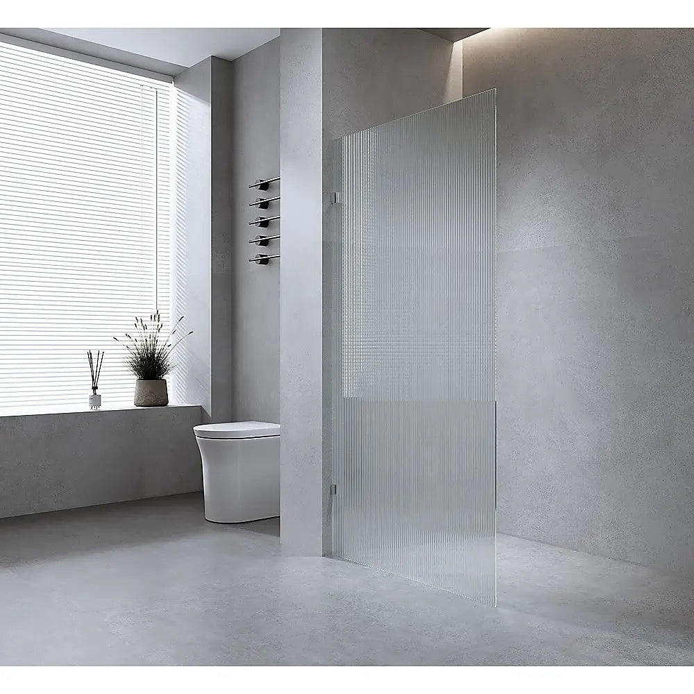 80cm Reeded Single Shower Glass Screen with White F-brackets & Square Pole - Furniture > Bathroom > Shower Heads &
