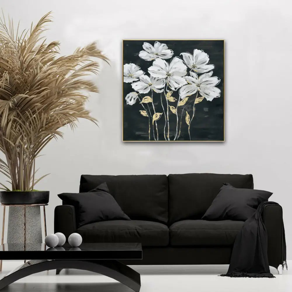 80X80cm Golden Blossoms Gold Framed Hand Painted Canvas Wall Art - Home & Garden > Wall Art