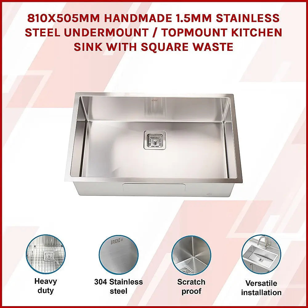 810x505mm Handmade 1.5mm Stainless Steel Undermount / Topmount Kitchen Sink with Square Waste - Furniture > Bathroom >