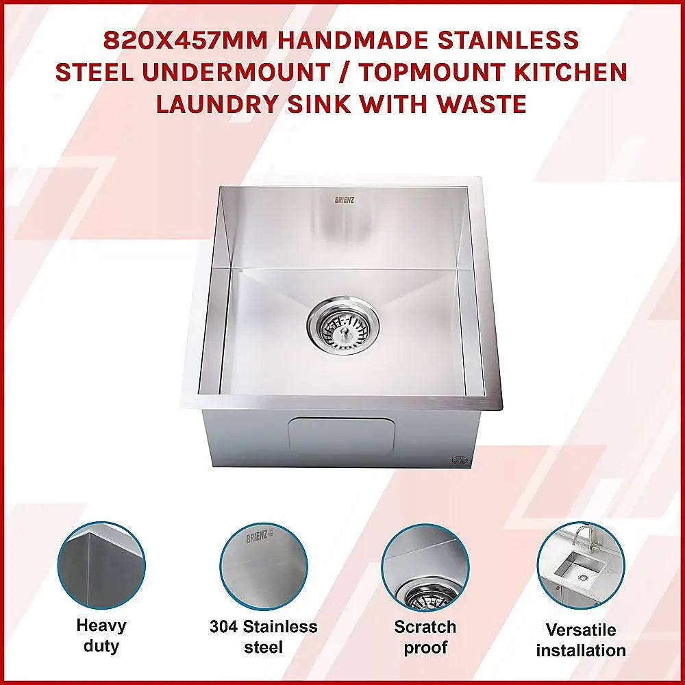 820x457mm Handmade Stainless Steel Undermount / Topmount Kitchen Laundry Sink with Waste - Furniture > Bathroom > Sinks