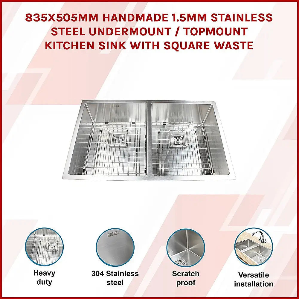 835x505mm Handmade 1.5mm Stainless Steel Undermount / Topmount Kitchen Sink with Square Waste - Furniture > Bathroom >