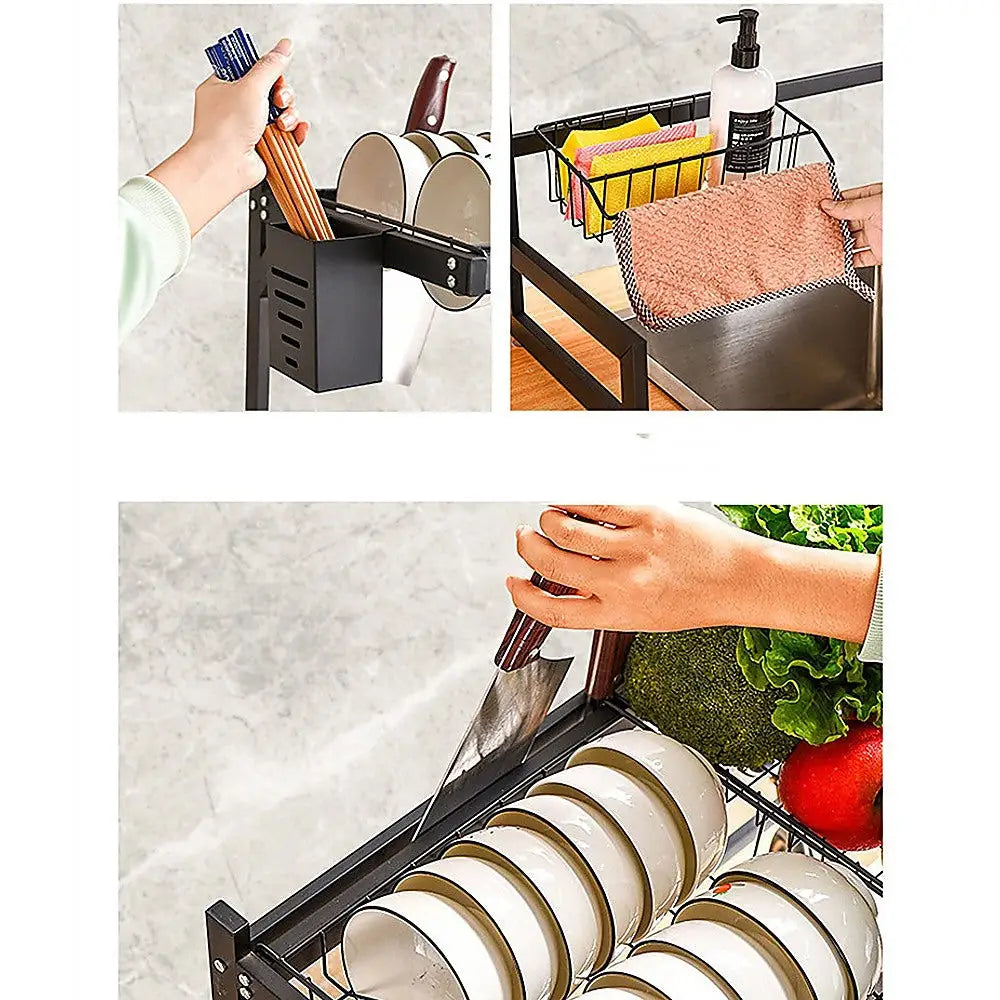 85cm Dish Drying Rack Drainer Over Sink Steel Cup Cutlery Organizer 2 Tier - Home & Garden > Kitchenware