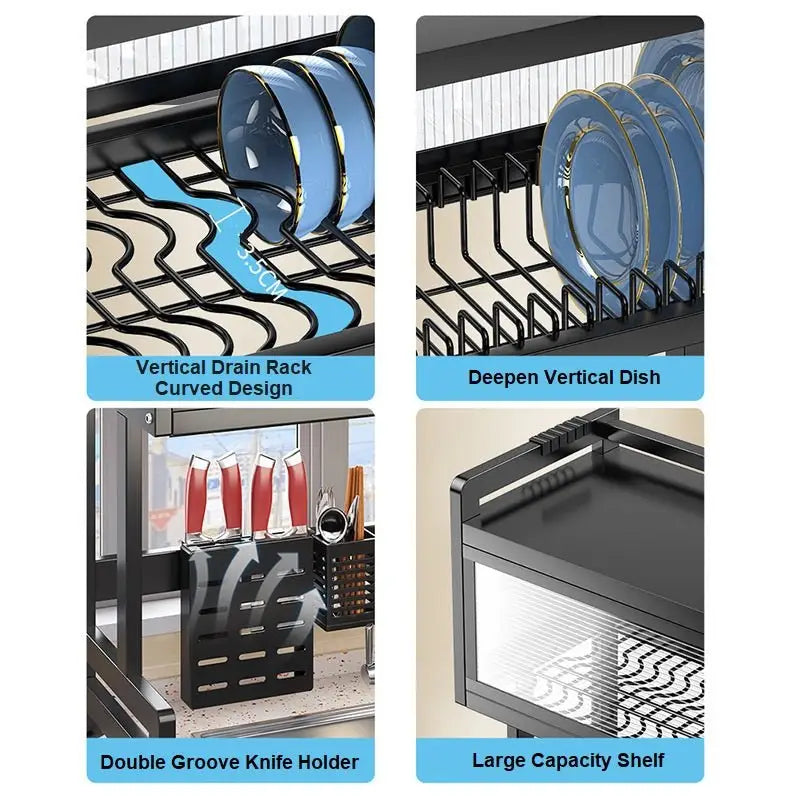 85cm Double Tier Enclosed Dish Drying Rack Holder Drain Kitchen Drainer Storage Over Sink Organiser Storage - Home &