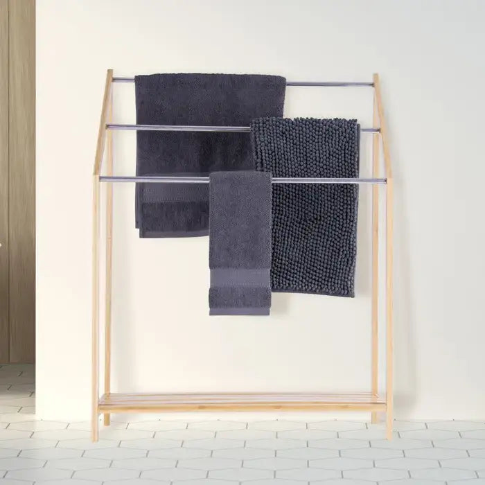 85cm Standing Towel Rack - Bamboo Towel Bar Metal 3-Tier - Home & Garden > Bathroom Accessories > Towel Racks & Holders