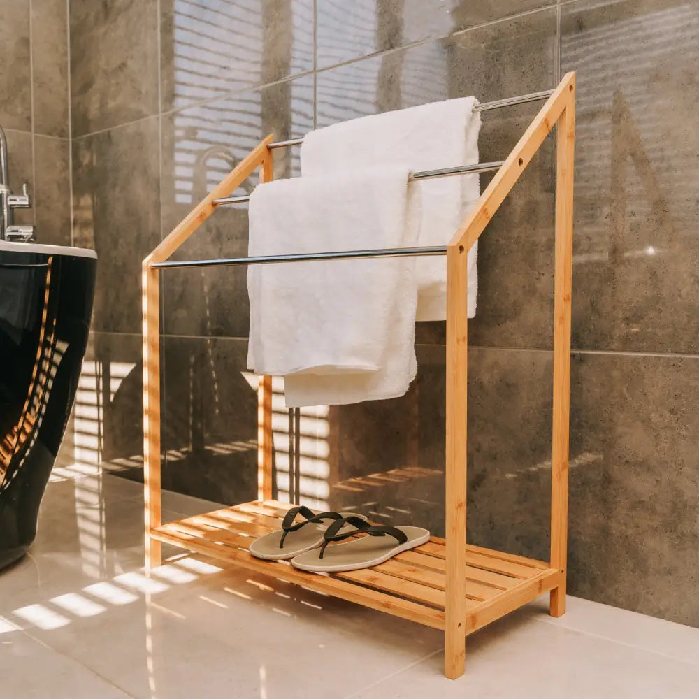85cm Standing Towel Rack - Bamboo Towel Bar Metal 3-Tier - Home & Garden > Bathroom Accessories > Towel Racks & Holders