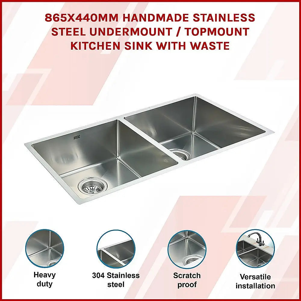 865x440mm Handmade Stainless Steel Undermount / Topmount Kitchen Sink with Waste - Furniture > Bathroom > Sinks