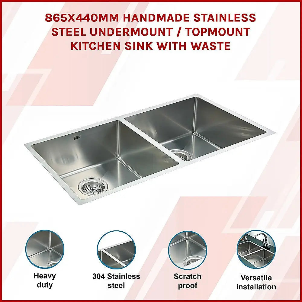 865x440mm Handmade Stainless Steel Undermount / Topmount Kitchen Sink with Waste - Furniture > Bathroom > Sinks