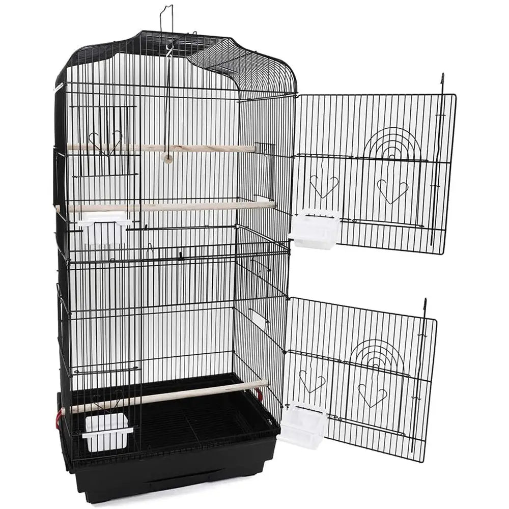 92cm Large Portable Wire Bird Cage Birdcage Parrot Cage Wooden Stand Pole Feeding Cup Black - Pet Care > Bird > Bird