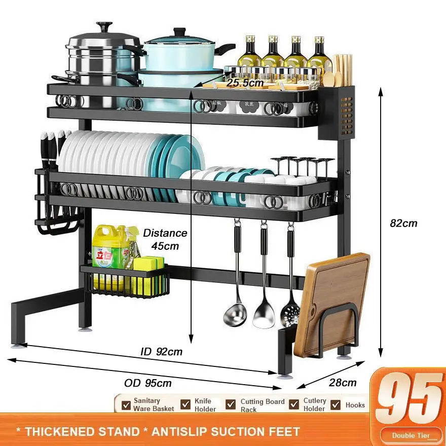 95cm Double Tier Dish Drying Rack Holder Drain Kitchen Drainer Storage Over Sink Organiser - Home & Garden > Storage