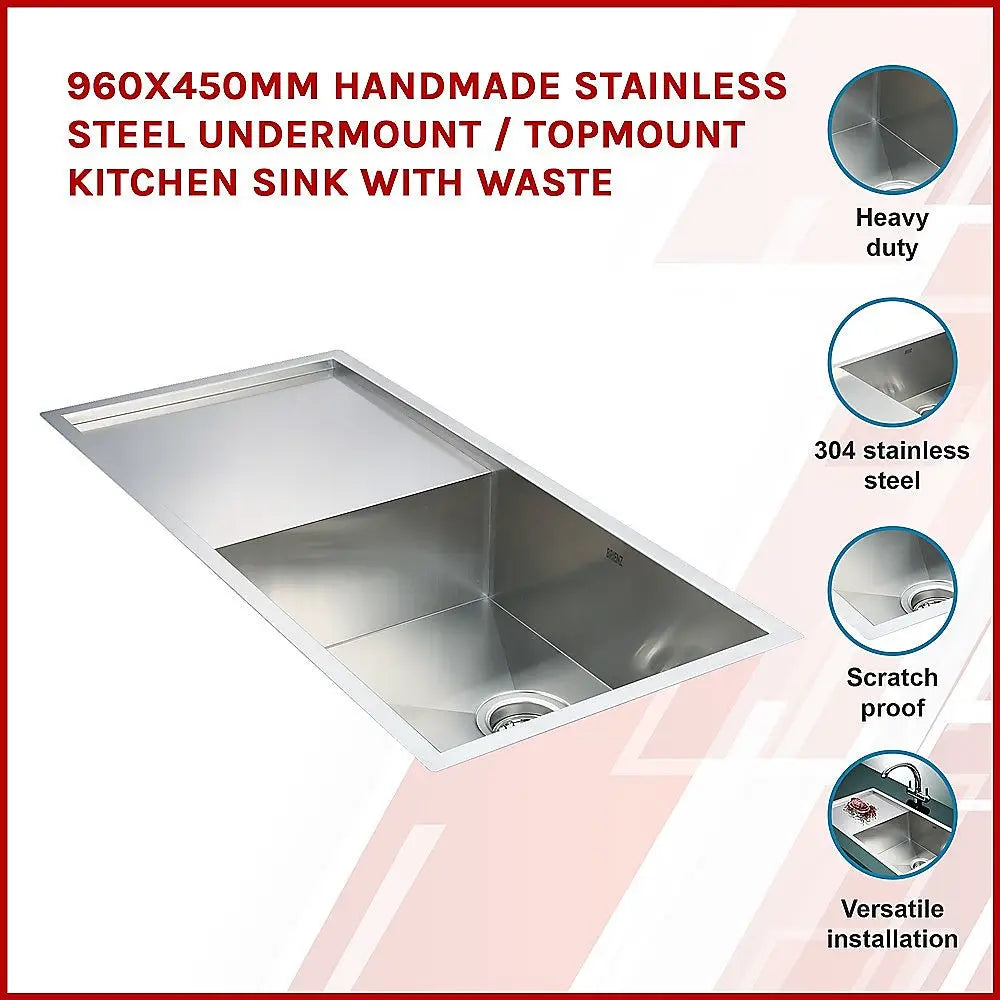 960x450mm Handmade Stainless Steel Undermount / Topmount Kitchen Sink with Waste - Furniture > Bathroom > Sinks