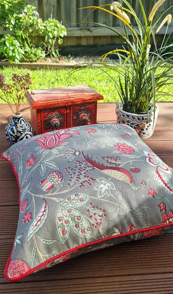 Brick Grey English Floral Fowl Chintz Cushion – Hand Screen Printed 100% Cotton 40x40cm Cover