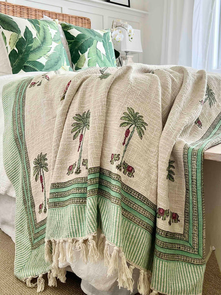 Banana Palm Tree Tassel Throw – Hand Block Printed Cotton Blanket
