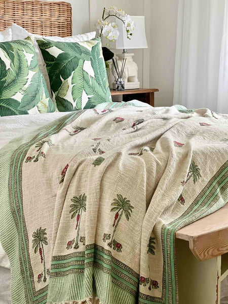 Banana Palm Tree Tassel Throw – Hand Block Printed Cotton Blanket