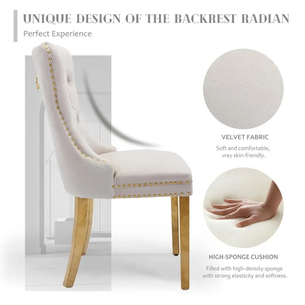 AADEN 2x Velvet Dining Chairs with Golden Metal Legs-Beige - Furniture > Dining > Dining Set