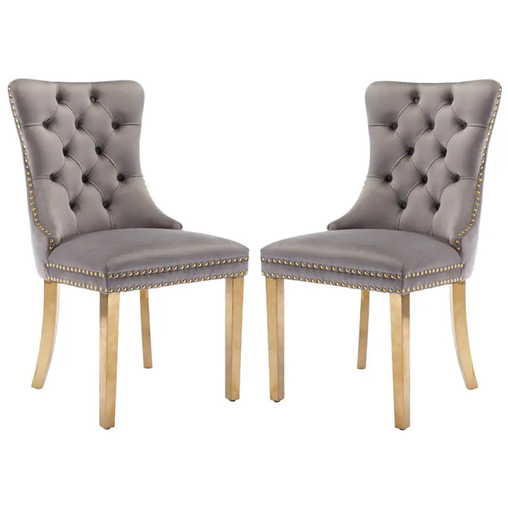 AADEN 2x Velvet Dining Chairs with Golden Metal Legs-Grey - Furniture > Dining > Dining Set
